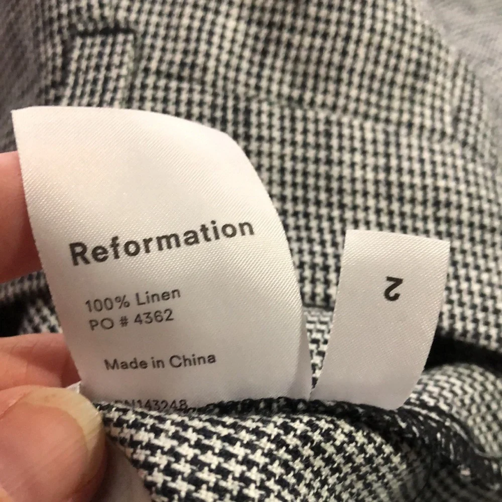 Reformation Linen High Rise Houndstooth Wide Leg Crop Pants, Size 2, Black White